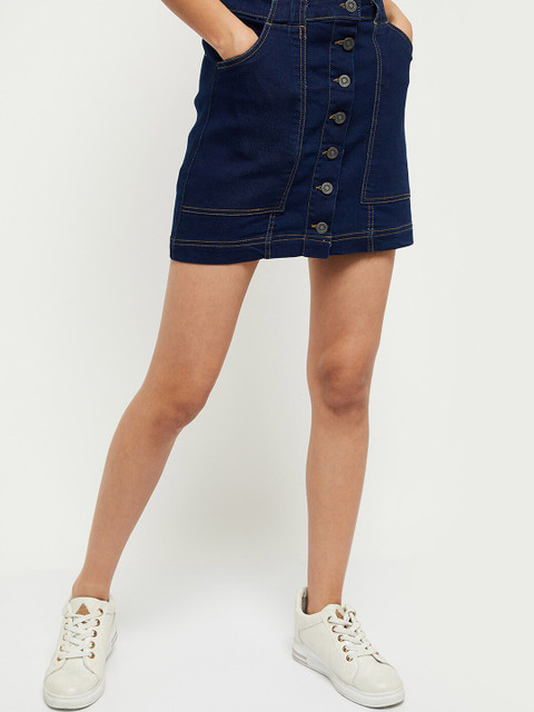 

max Women Blue Solid Denim Straight Mini Skirt