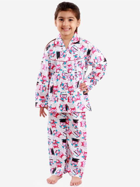 

KID1 Girls White & Pink Printed Night suit