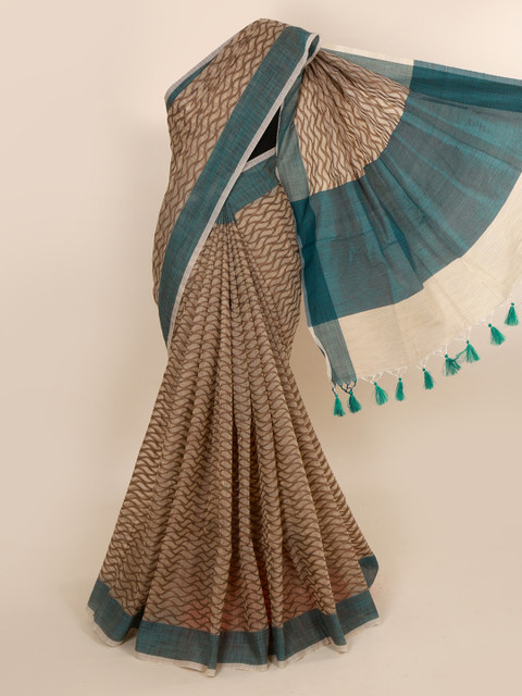 

Pothys Beige & Green Cotton Blend Printed Saree