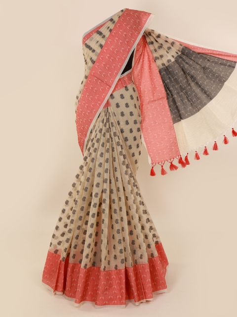 

Pothys Cream-Coloured Woven Design Cotton Blend Saree With Tasseled Pallu