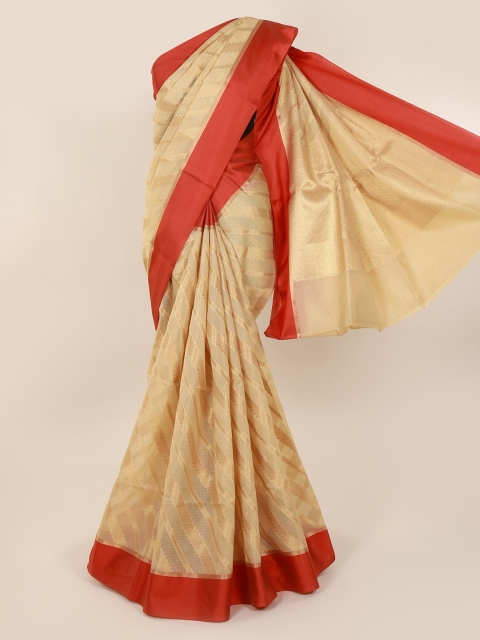

Pothys Cream-Coloured & Red Cotton Blend Woven Design Saree