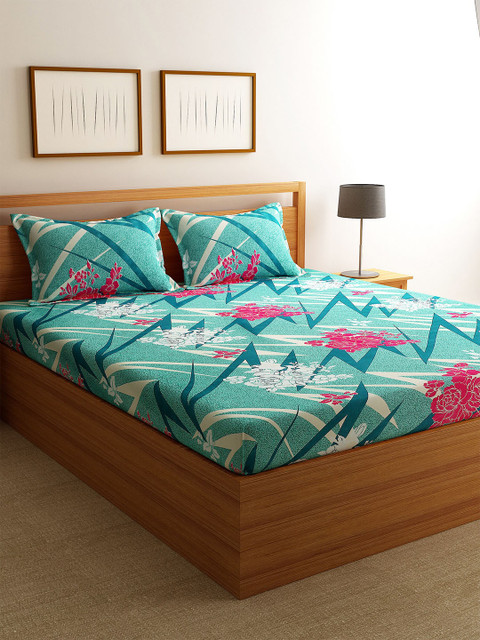 

Florida Turquoise Blue & Pink Floral 144 TC Polycotton 1 Queen Bedsheet with 2 Pillow Covers