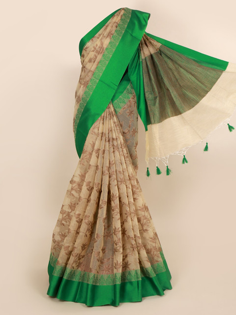 

Pothys Cream-Coloured & Green Cotton Blend Woven Design Saree