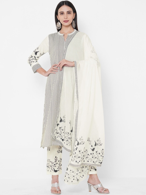 

FASHOR Women White Striped Kurta with Churidar & Dupatta