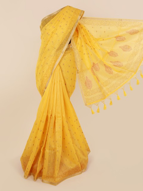 

Pothys Yellow Cotton Blend Checked Chanderi Saree
