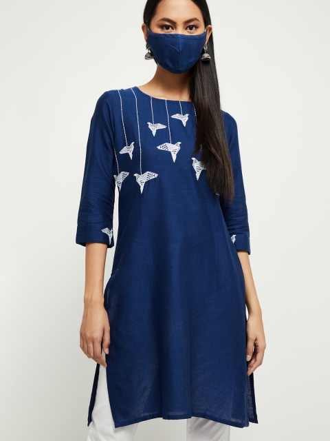 

Max Women Navy Blue Off White Embroidered Kurta