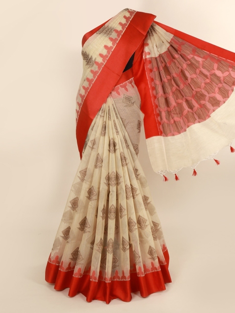 

Pothys Cream-Coloured & Red Cotton Blend Woven Design Saree