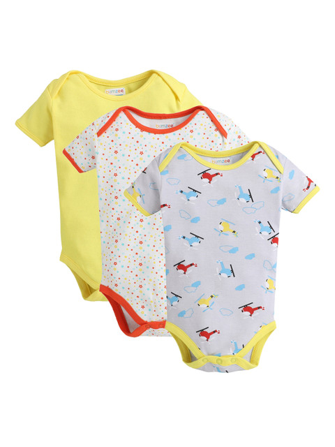 

BUMZEE Infant Kids Pack Of 3 Printed Cotton Bodysuits, Grey