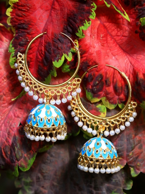 

Crunchy Fashion Turquoise Blue & Gold-Toned Meenakari Dome Shaped Jhumkas