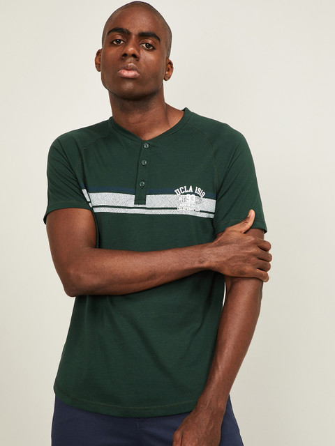 

UCLA Men Green Striped Henley Neck T-shirt