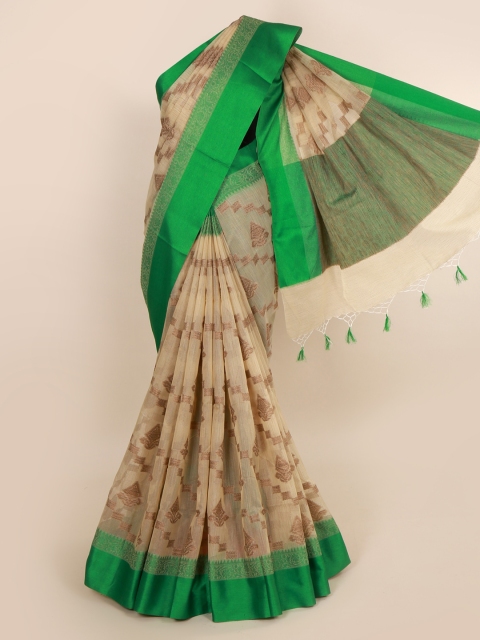 

Pothys Cream-Coloured & Green Cotton Blend Woven Design Saree