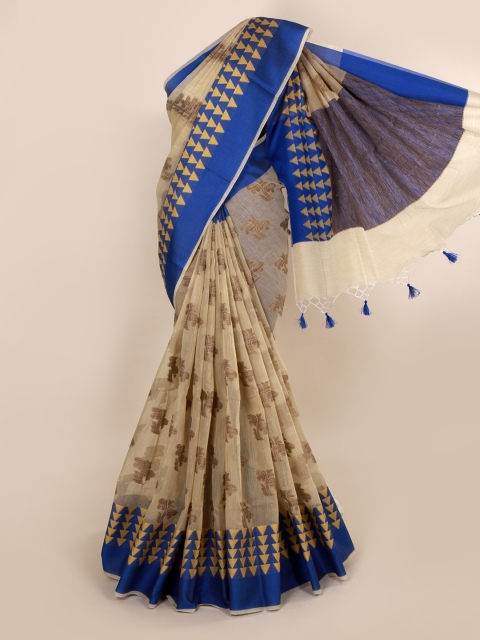 

Pothys Cream-Coloured & Blue Cotton Blend Woven Design Saree