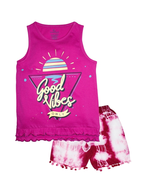 

KiddoPanti Girls Purple & White Printed T-shirt with Shorts
