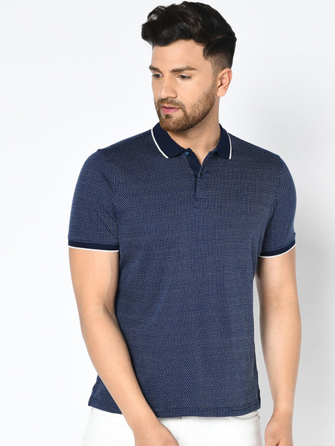 

Blackberrys Men Navy Blue Printed Jacquard Slim Fit Polo Collar T-shirt