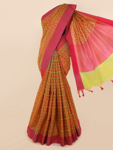 

Pothys Lime Green & Pink Cotton Blend Printed Saree