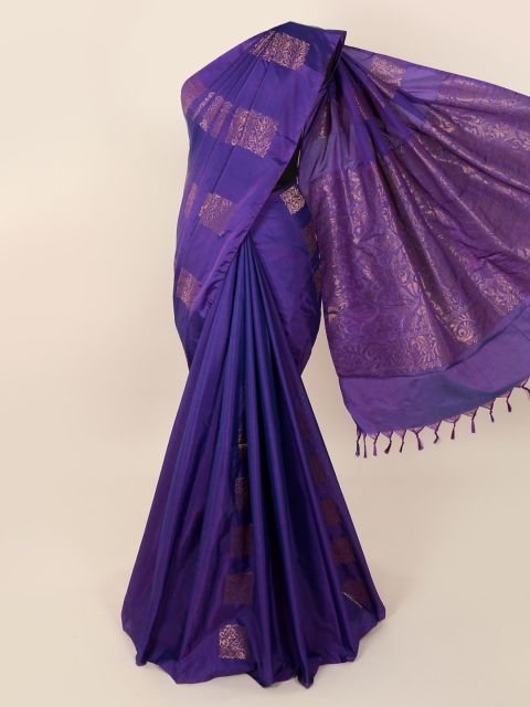 

Pothys Purple & Gold-Toned Silk Cotton Woven Design Kanjeevaram Saree With Tasseled Pallu