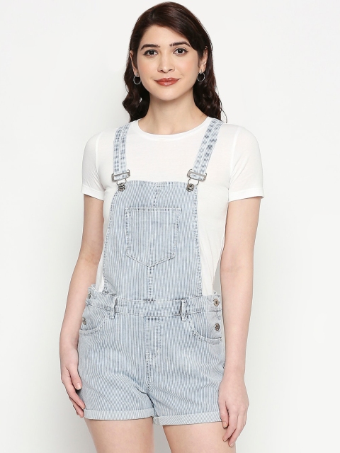 

People Women Blue Solid Denim Playsuit
