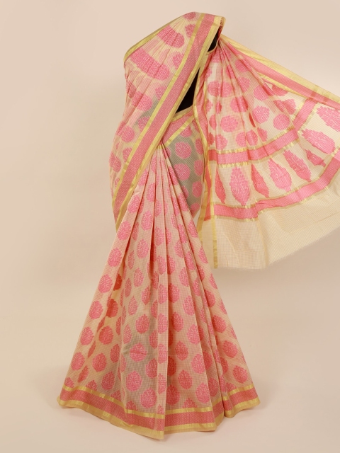 

Pothys Cream-Coloured & Pink Cotton Blend Printed Saree