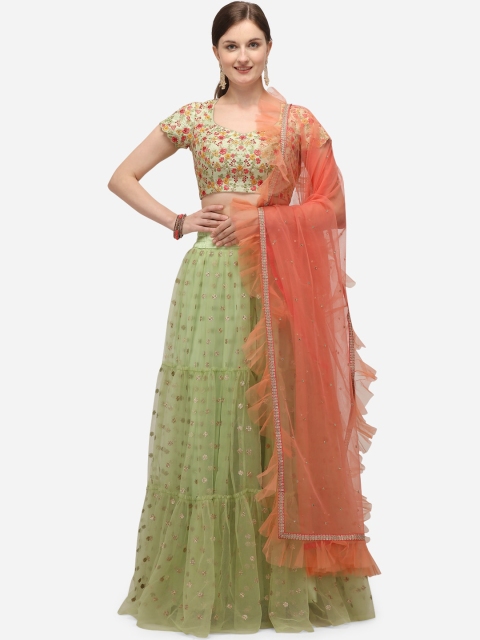 

NAKKASHI Green & Pink Embroidered Unstitched Lehenga & Blouse with Dupatta