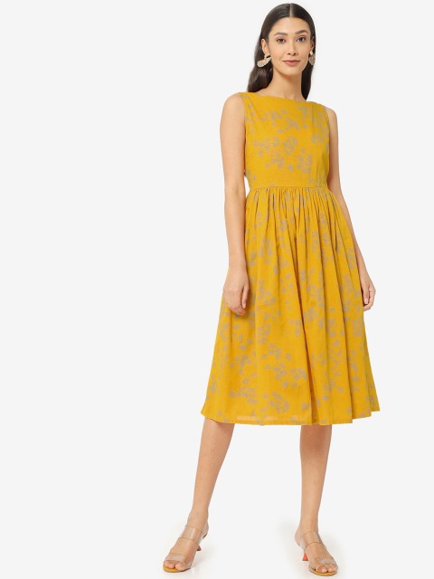 

Saaki Women Mustard Printed Fit and Flare Dress