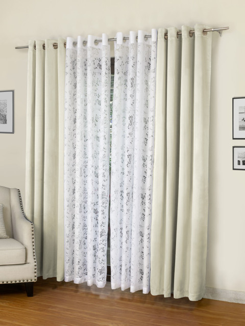

ROSARA HOME Set of 4 Cream-Coloured & White Regular & Semi Sheer Long Door Curtains