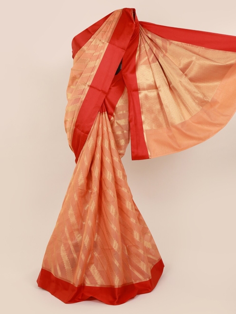 

Pothys Peach-Coloured & Red Cotton Blend Printed Saree