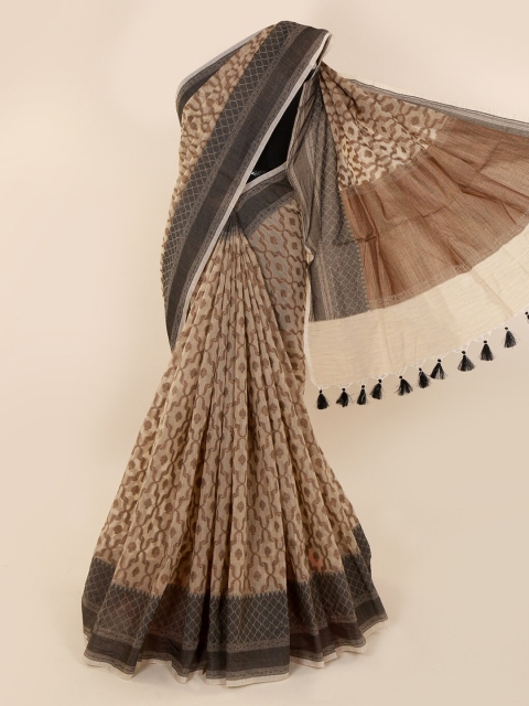 

Pothys Cream-Coloured & Brown Cotton Blend Printed Saree