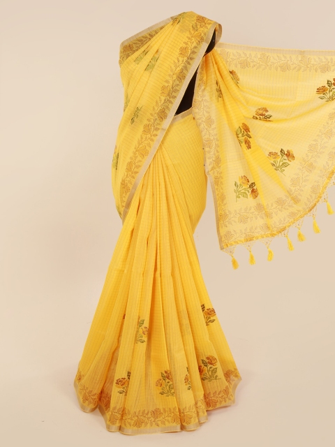 

Pothys Yellow Cotton Blend Embroidered Chanderi Saree