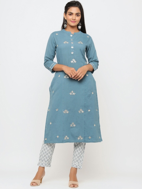 

TARA-C-TARA Women Blue & Grey Floral Embroidered Straight Kurta