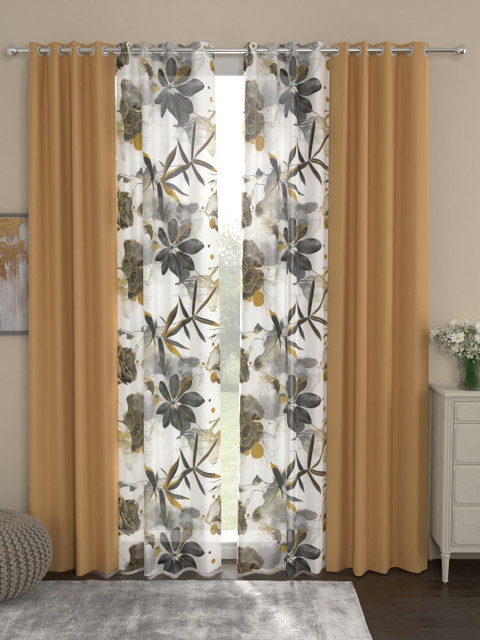 

ROSARA HOME Beige & White Set of 4 Eyelet Black Out & Sheer Long Door Curtains