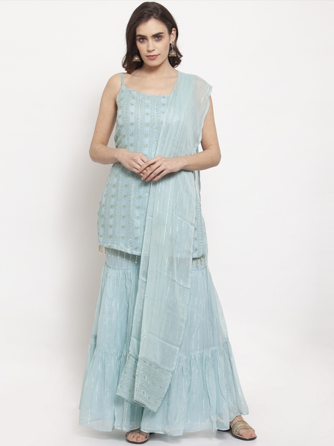 

KHALOM Women Blue Chikankari Kurti with Sharara & Dupatta