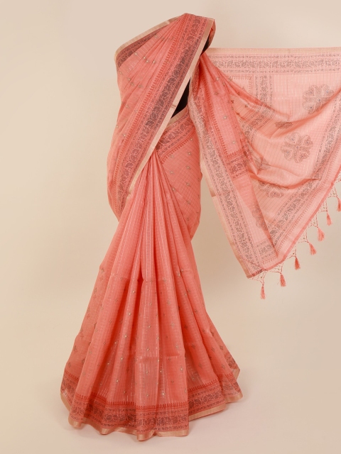 

Pothys Peach-Coloured Cotton Blend Checked Chanderi Saree