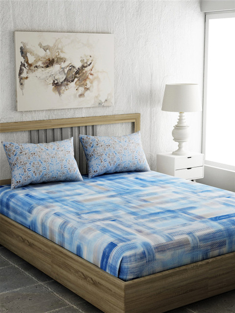 

EverHOME Blue & White Geometric 210 TC Cotton 1 Queen Bedsheet with 2 Pillow Covers