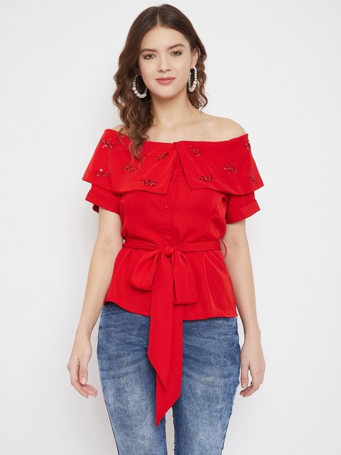 

Madame Women Red Embellished Bardot Top