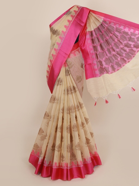 Pothys Cream-Coloured & Pink Cotton Blend Woven Design Saree
