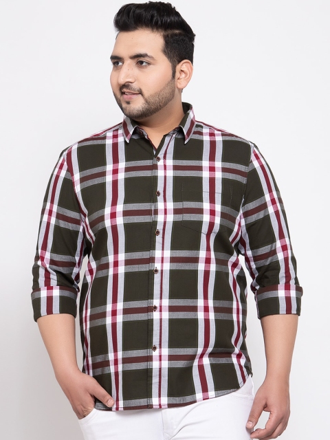 

plusS Men Olive Green & White Regular Fit Checked Casual Shirt