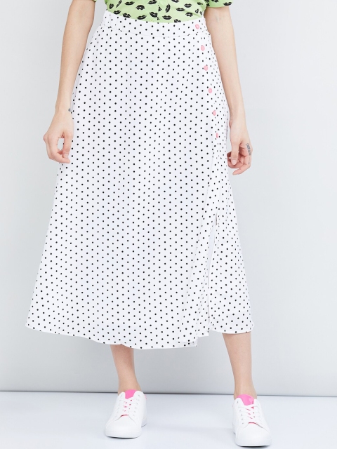 

max Women White & Black Polka Dot Printed Flared Midi Skirt