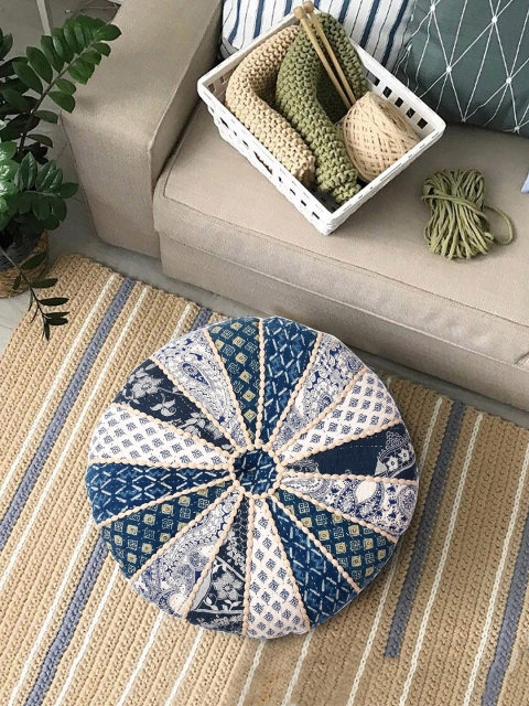 

Tistabene Blue & Beige Patchwork Round Pouf