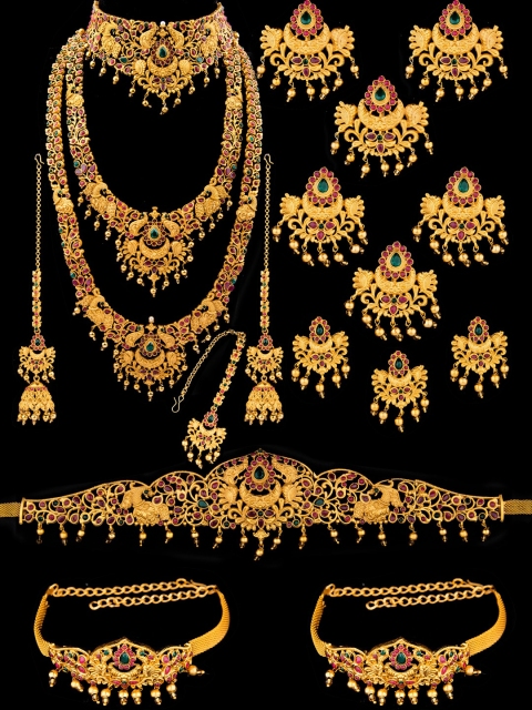 

Alankruthi Gold-Plated Red & Green Stone-Studded Beaded Temple Bridal Jewellery Set