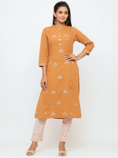 

TARA-C-TARA Women Orange & Grey Floral Embroidered Straight Kurta