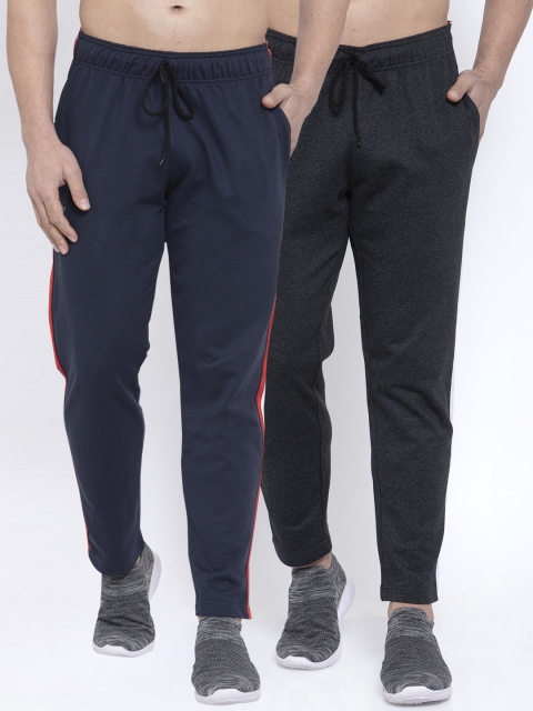 

NEUDIS Men Pack of 2 Pure Cotton Solid Track Pants with Side Stripes, Navy blue