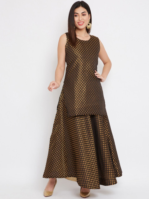 

TULIP 21 Women Black & Bronze-Toned Woven Design Kurti with Skirt