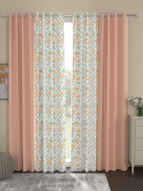 

ROSARA HOME Peach Floral Pack of 4 Eyelet Black Out and Regular Long Door Curtains