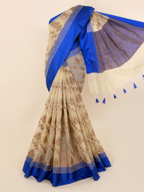 

Pothys Cream-Coloured & Blue Cotton Blend Woven Design Saree