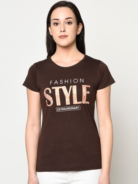 

FABNEST Women Brown Printed Round Neck T-shirt