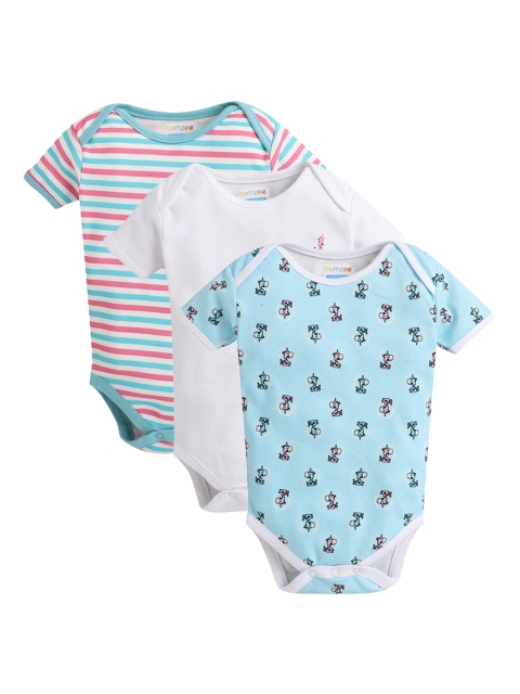 

BUMZEE Infant Kids Pack Of 3 Multicoloured Printed Bodysuits, Blue