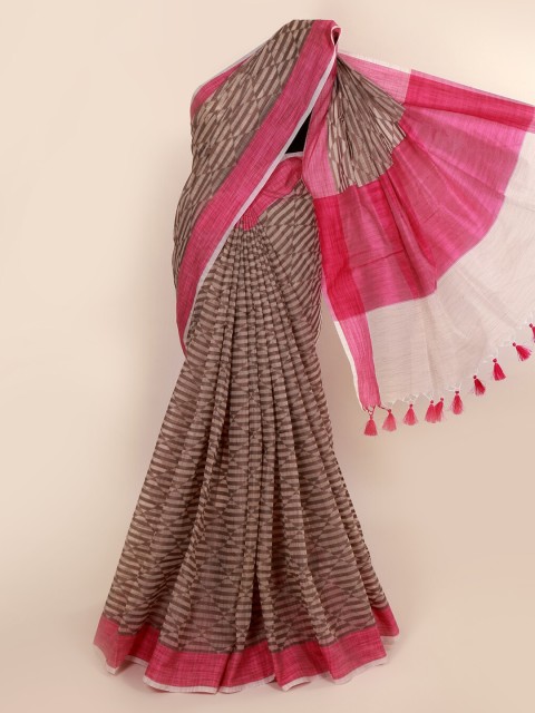 

Pothys Cream-Coloured & Brown Cotton Blend Striped Saree