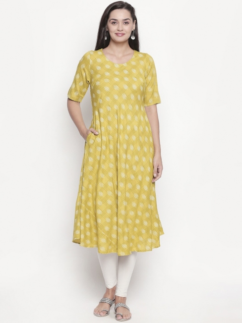 

RANGMANCH BY PANTALOONS Women Lime green Printed Scoop Neck Anarkali Kurta