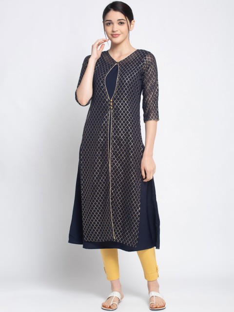 

ALC Creations Women Navy Blue Printed Layered A-Line Kurta