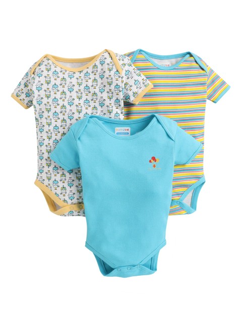 

BUMZEE Infant Kids Pack of 3 Multicoloured Printed Bodysuits, Blue